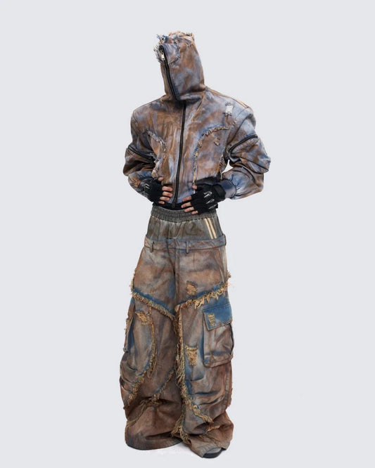 Desert-style short hooded denim jacket for men, distressed mud-dyed fake two-piece with broken structure frayed jeans