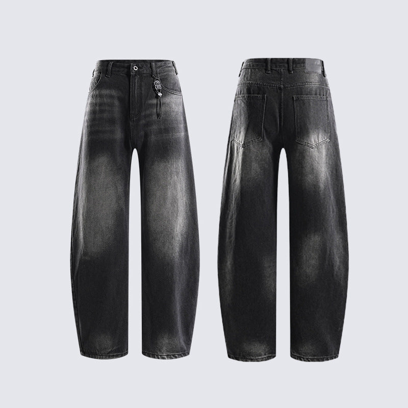 Hip-hop trend high-waisted loose straight jeans for ladies, featuring retro water-washed design, suitable for autumn and winter, new style casual pants with distressed effect and slight stretchiness.