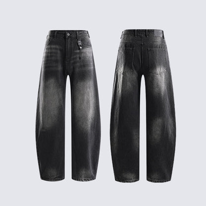 Hip-hop trend high-waisted loose straight jeans for ladies, featuring retro water-washed design, suitable for autumn and winter, new style casual pants with distressed effect and slight stretchiness.