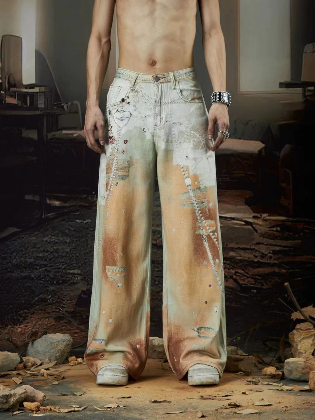 Cross-Border Heavy Industry Chain Print Jeans for Men and Women Summer American Style Straight-Leg Floor-Length Pants