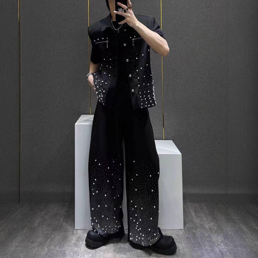 Heavy Industry Niche Rhinestone Metal Black Short Sleeve Jacket Summer New Style Cool Coat Wide Leg Pants Two-Piece Set