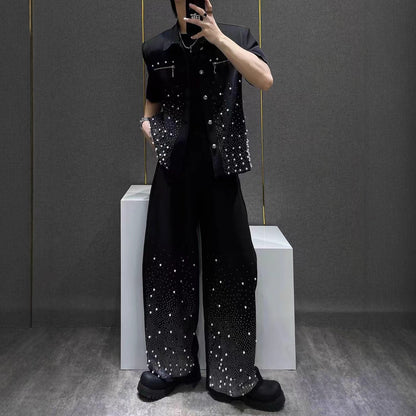 Heavy Industry Niche Rhinestone Metal Black Short Sleeve Jacket Summer New Style Cool Coat Wide Leg Pants Two-Piece Set