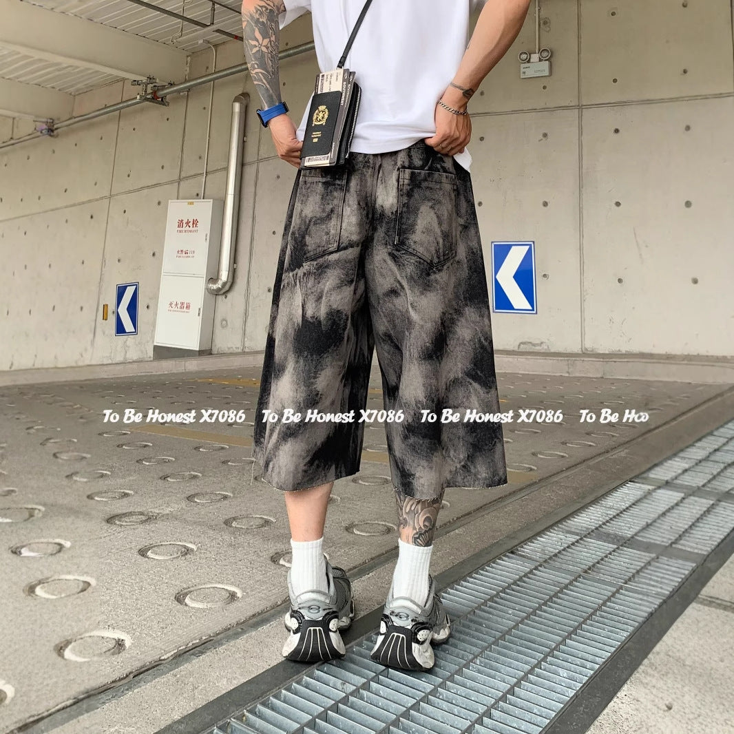 Summer Thin Jacquard Cool Comfortable Fabric Five-Point Denim Shorts Men's Trendy New Wide-Leg Straight Mid-Length Shorts