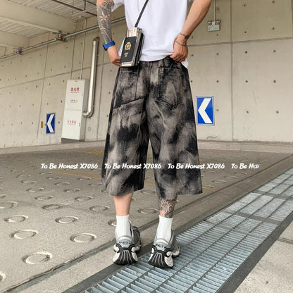 Summer Thin Jacquard Cool Comfortable Fabric Five-Point Denim Shorts Men's Trendy New Wide-Leg Straight Mid-Length Shorts