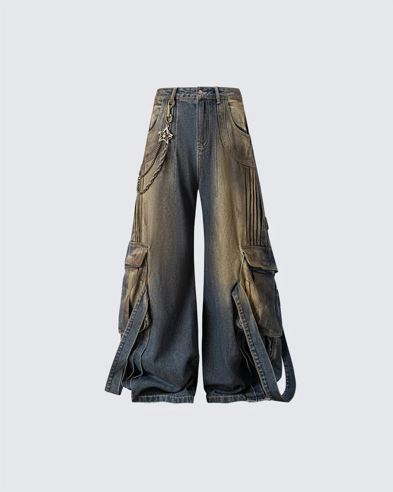 European and American Heavy Washed Multi-Pocket Jeans for Men Street Retro Loose Vintage Design Wide-Leg Floor-Length Pants
