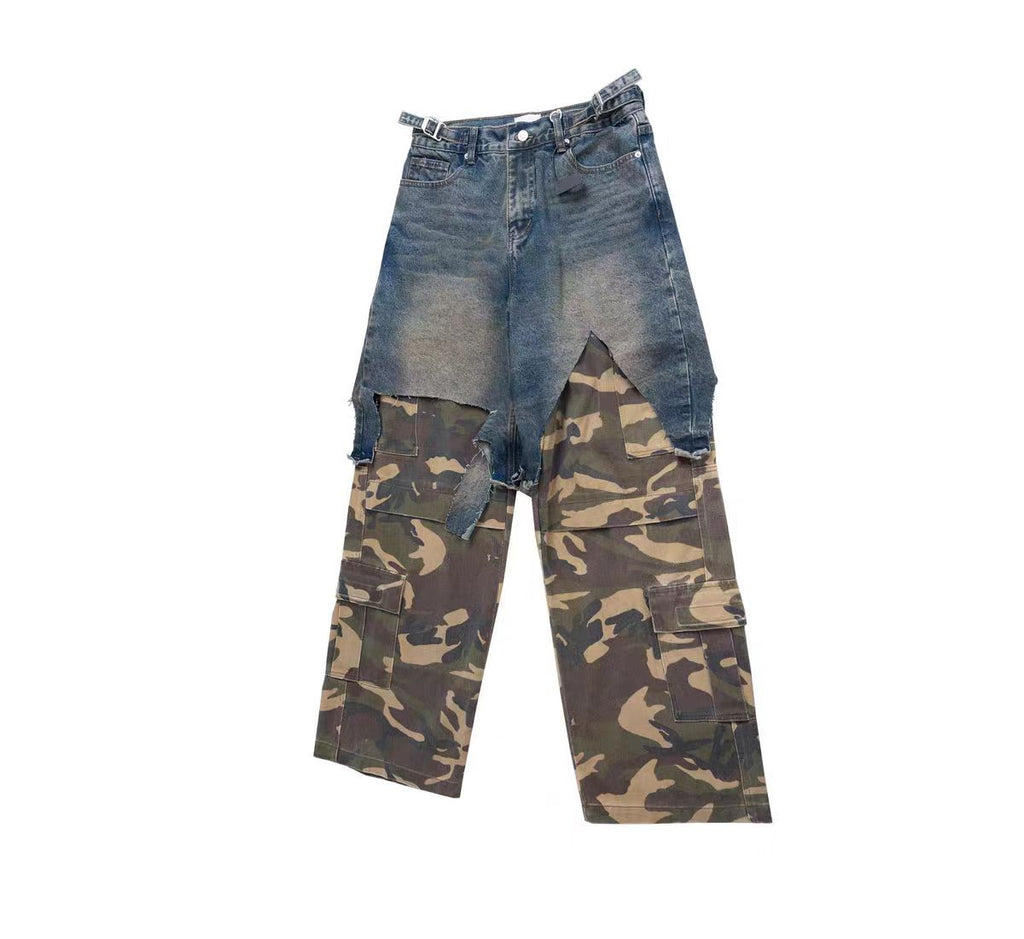 Parisian style vibe Heavyweight Patchwork Fake Two-Piece Vintage Camouflage Functional Loose Cargo Trendy Hip-Hop Jeans