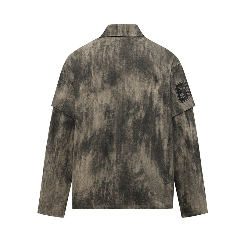 Distressed Dirty Color Long Sleeve POLO Men's Trendy Brand Design Patchwork Fake Two-Piece Loose Hip-Hop Top Patchwork Design
