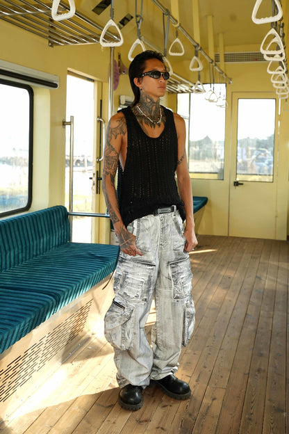 American Style Multi-Pocket Jeans for Men, Niche Retro Blue Wide-Leg Cargo Pants, Couple's European and American Trendy Pants, Cross-Border Trade