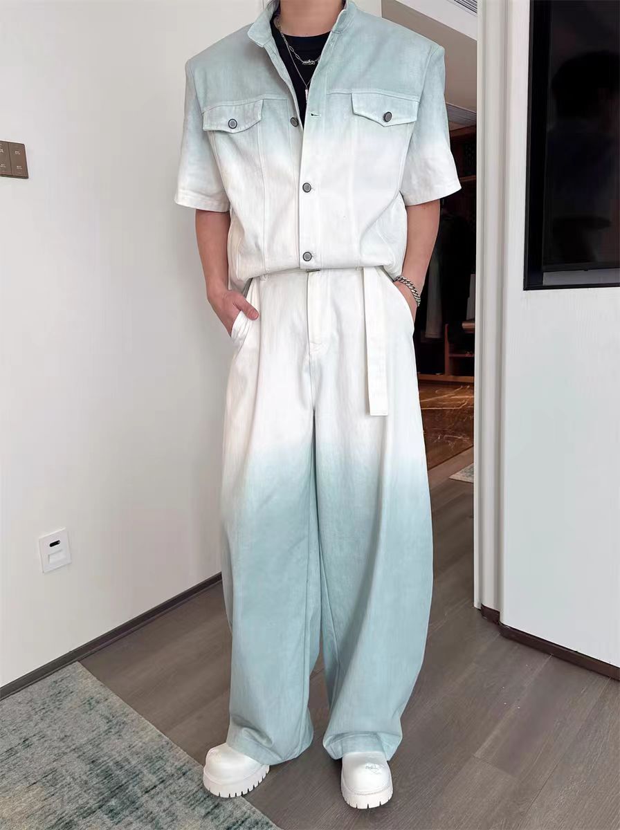 Gradient Short Sleeve Denim Suit for Men2025Summer Loose Casual Scimitar Wide-Leg Pants Jacket Set