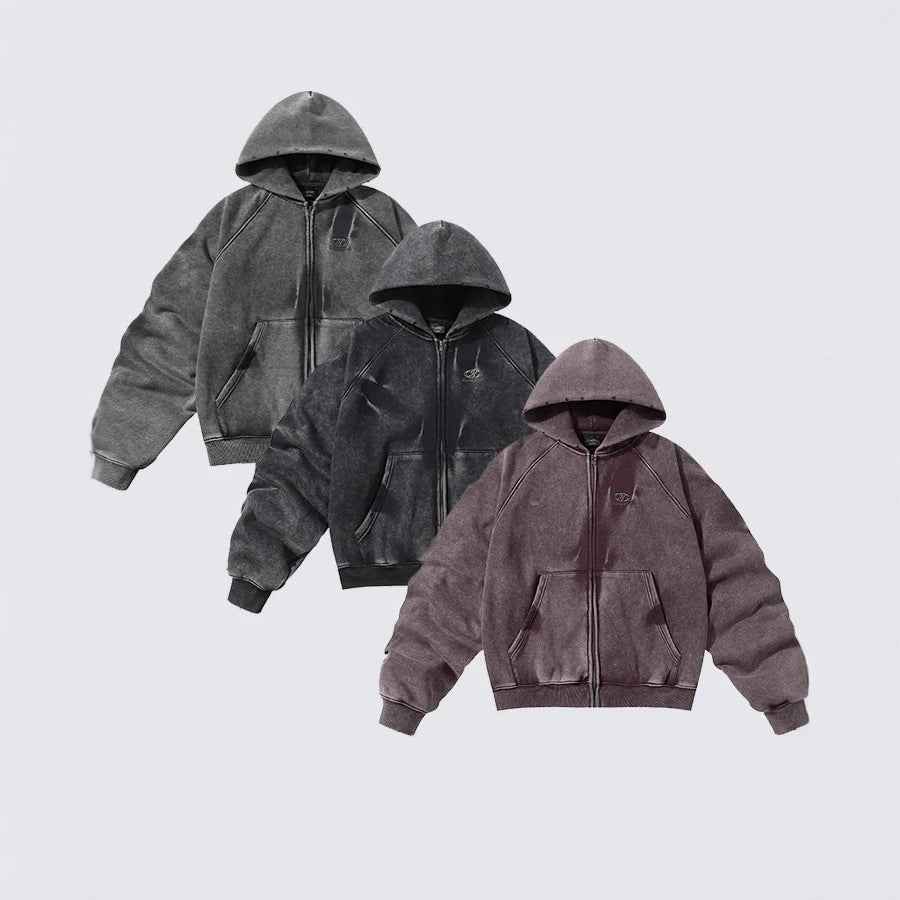 American High Street Vintage Washed Wrinkled Sleeve Hooded Fleece Men's Niche Embroidered Jacket Trendy