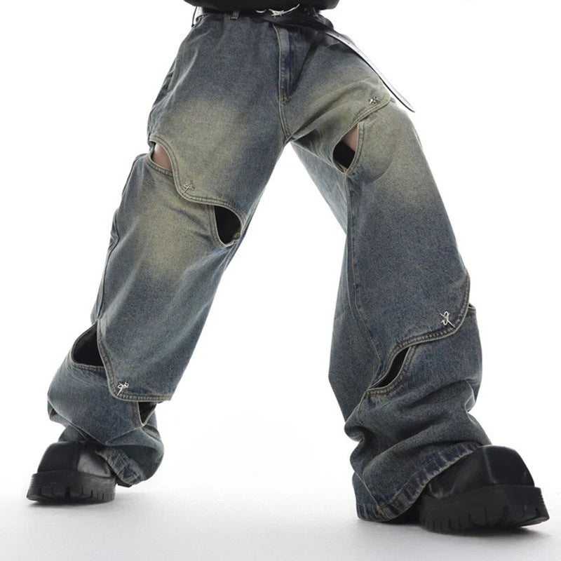Spring Summer Casual Niche Deconstructed Metal Button Design Wide-Leg Jeans Hollow Loose Pants High Waist Wide-Leg
