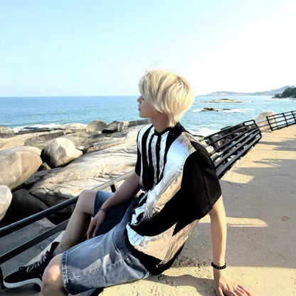 2025Summer New Men's High Street ins Wind Short Sleeve Stylish Color Block Design T T-shirt Breathable