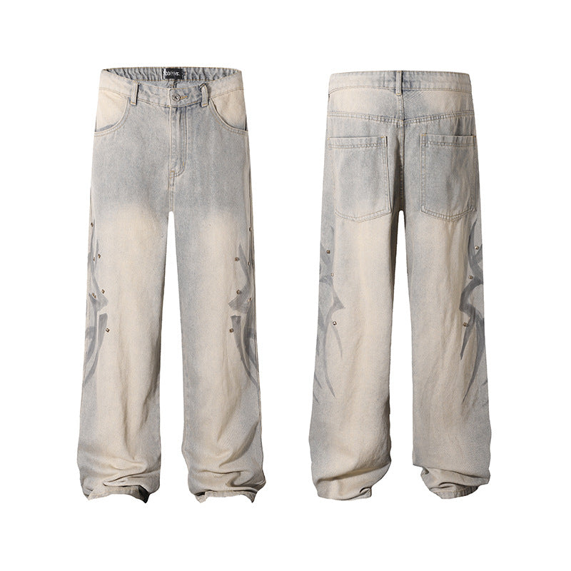American-style Tie-dye Washed Vintage Loose Cargo Pants for Men Street Hip-Hop Jogger Jeans Trendy Designer Style