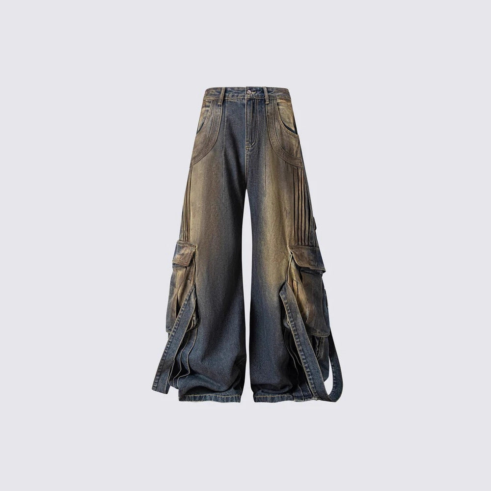 European and American Heavy Washed Multi-Pocket Jeans for Men Street Retro Loose Vintage Design Wide-Leg Floor-Length Pants