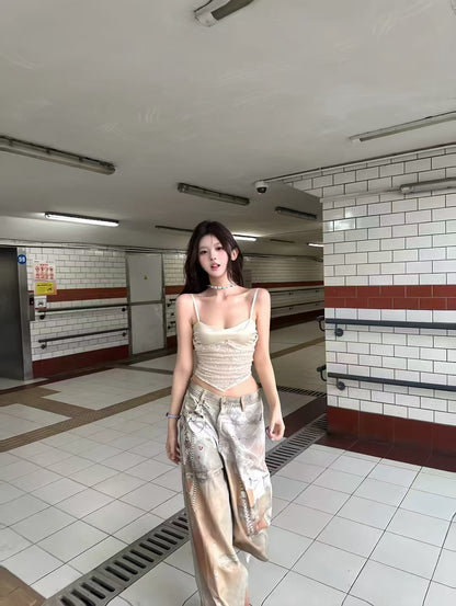 Cross-Border Heavy Industry Chain Print Jeans for Men and Women Summer American Style Straight-Leg Floor-Length Pants