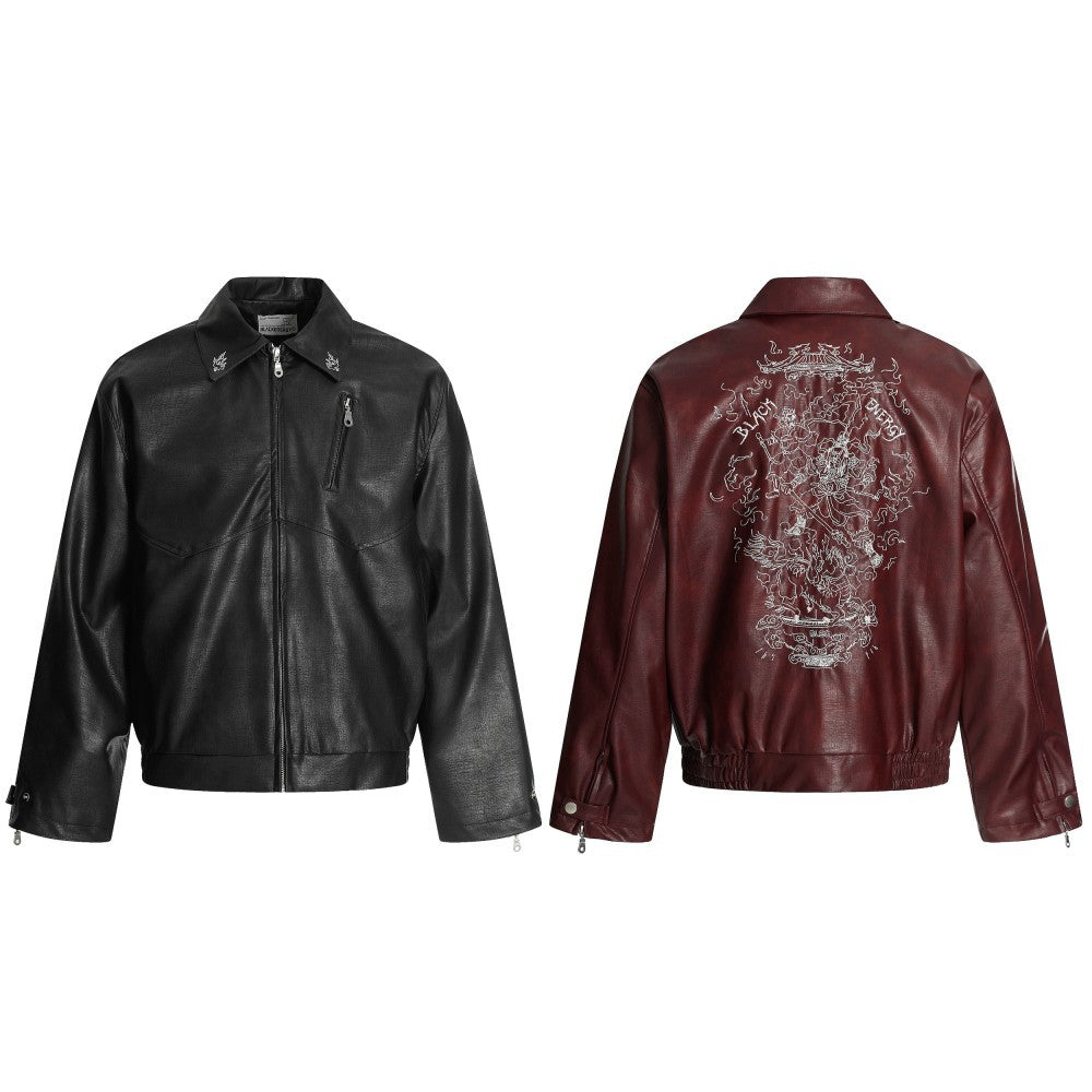 European and American Heavy Embroidery Lapel Loose Short Zipper Leather Jacket Coat