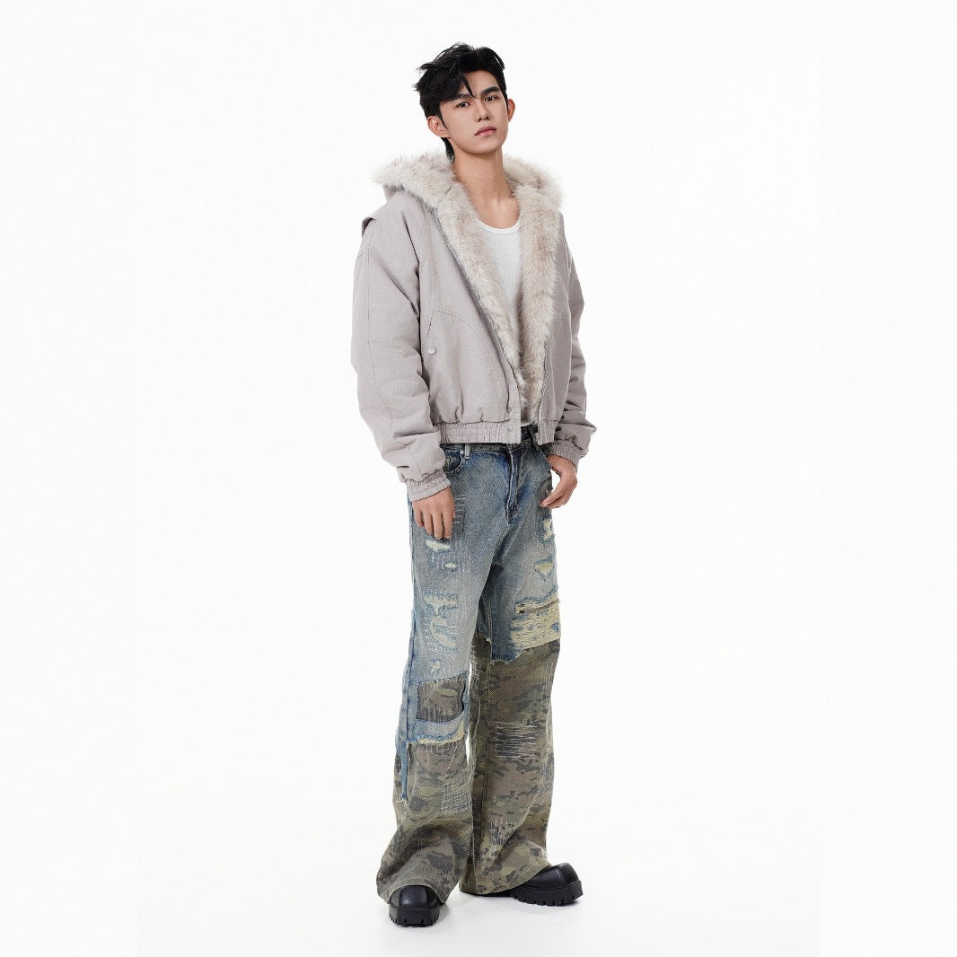 GUOWEAR Pearl Canvas Mountain Eagle Fleece-Lined Jacket American Street Wasteland Style Cotton Coat Men's Fleece-Lined Thickened Jacket