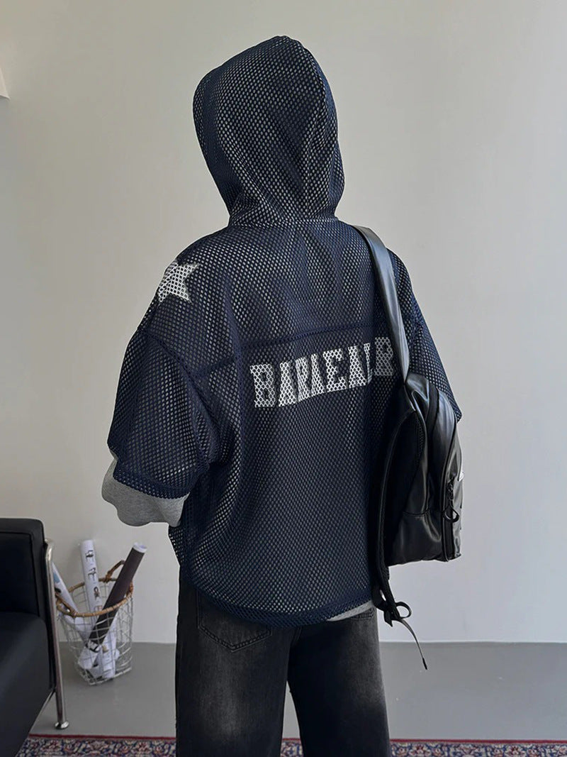 Trendy Loose Hooded Sweatshirt Jacket Mesh Digital Sports Casual Top Unisex Breathable