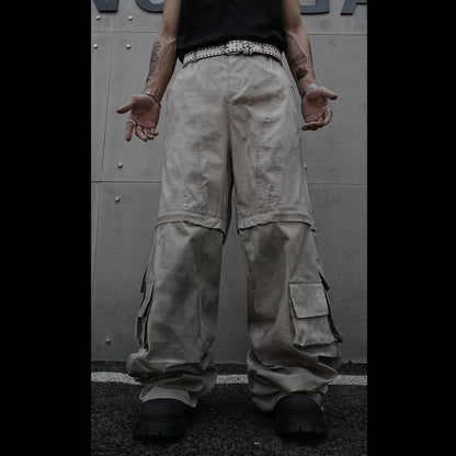 European and American Style Long Design Sense Wasteland Vintage Dirty Dyed Cargo Pants for Men and Women with Detachable Multi-Pocket Zipper Hip-Hop Street Dance