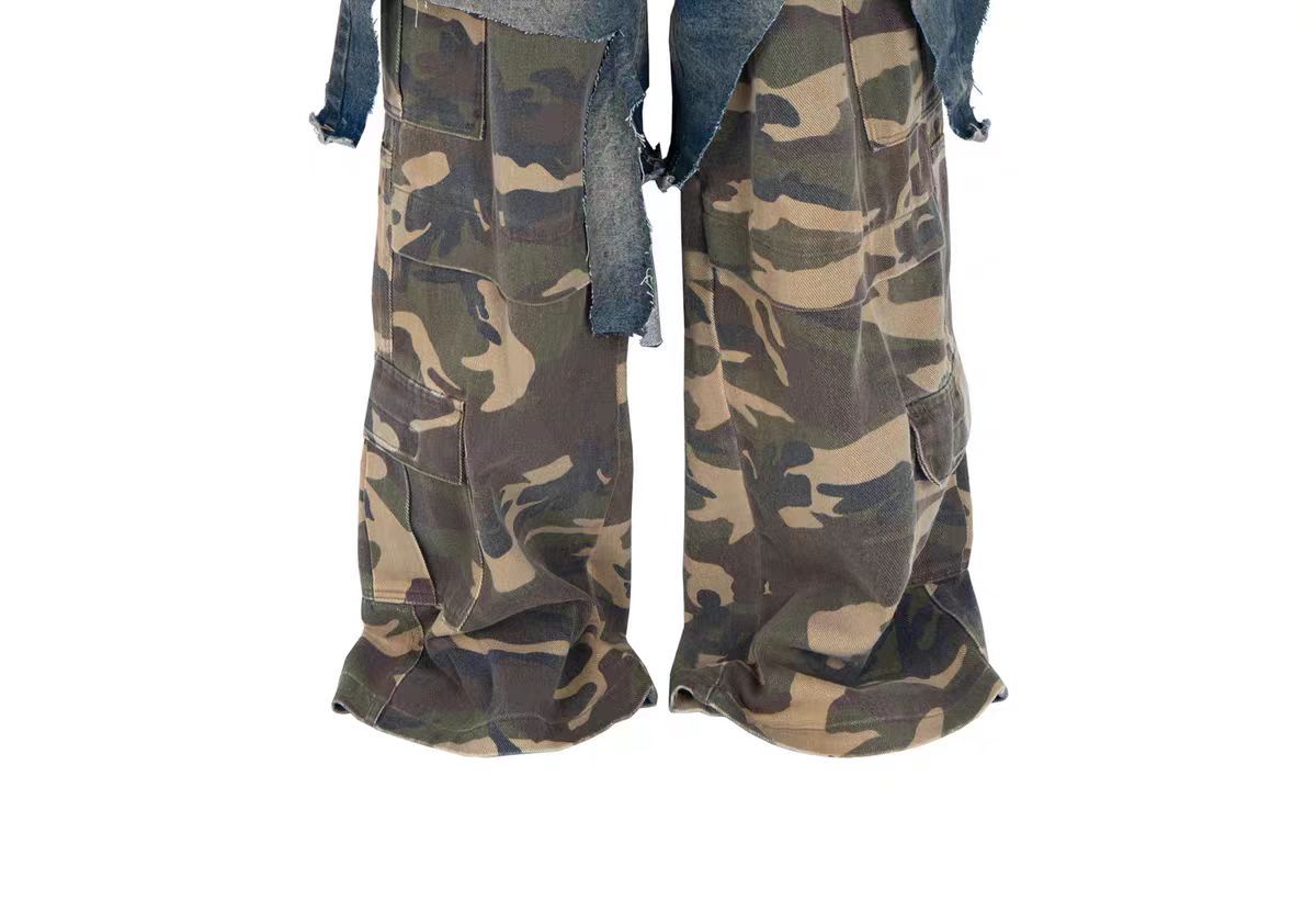 Parisian style vibe Heavyweight Patchwork Fake Two-Piece Vintage Camouflage Functional Loose Cargo Trendy Hip-Hop Jeans
