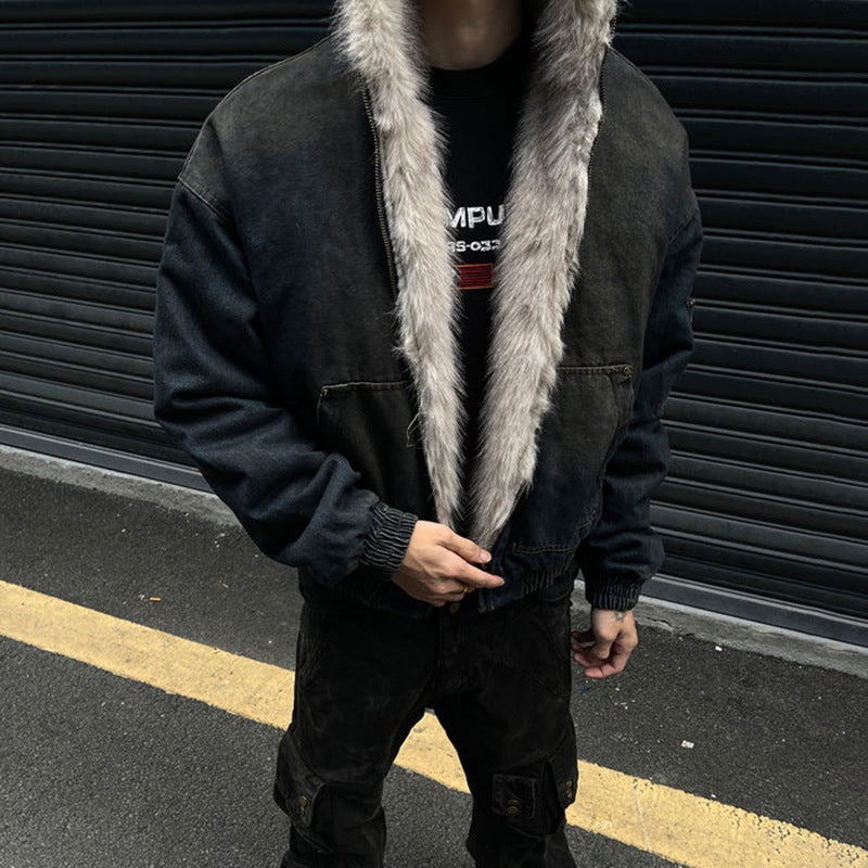 GUO WEAR2024New Winter Washed Denim Cotton Jacket with Fleece Lining American Street Style Wasteland Cotton Jacket