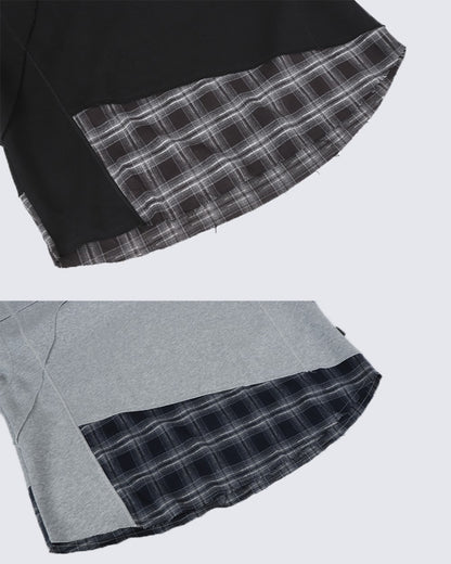 2025New Fake Two-Piece Distressed Plaid Patchwork Hooded Sweatshirt Unisex American Style Niche Loose Hoodie Trendy