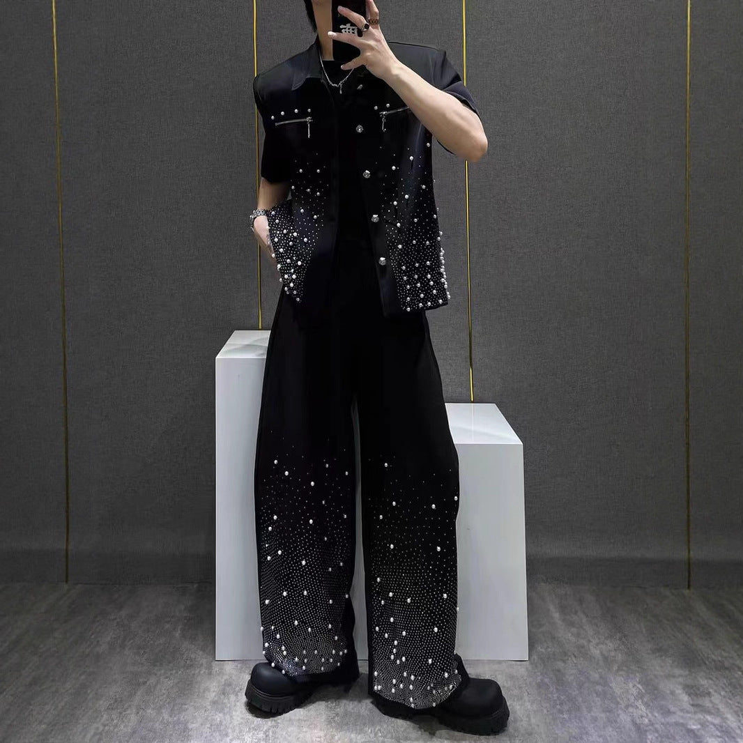 Heavy Industry Niche Rhinestone Metal Black Short Sleeve Jacket Summer New Style Cool Coat Wide Leg Pants Two-Piece Set