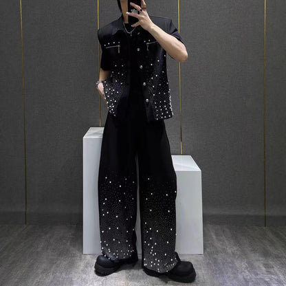 Heavy Industry Niche Rhinestone Metal Black Short Sleeve Jacket Summer New Style Cool Coat Wide Leg Pants Two-Piece Set