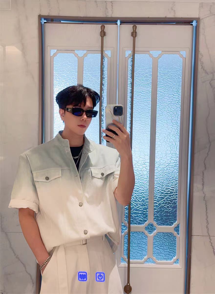 Gradient Short Sleeve Denim Suit for Men2025Summer Loose Casual Scimitar Wide-Leg Pants Jacket Set