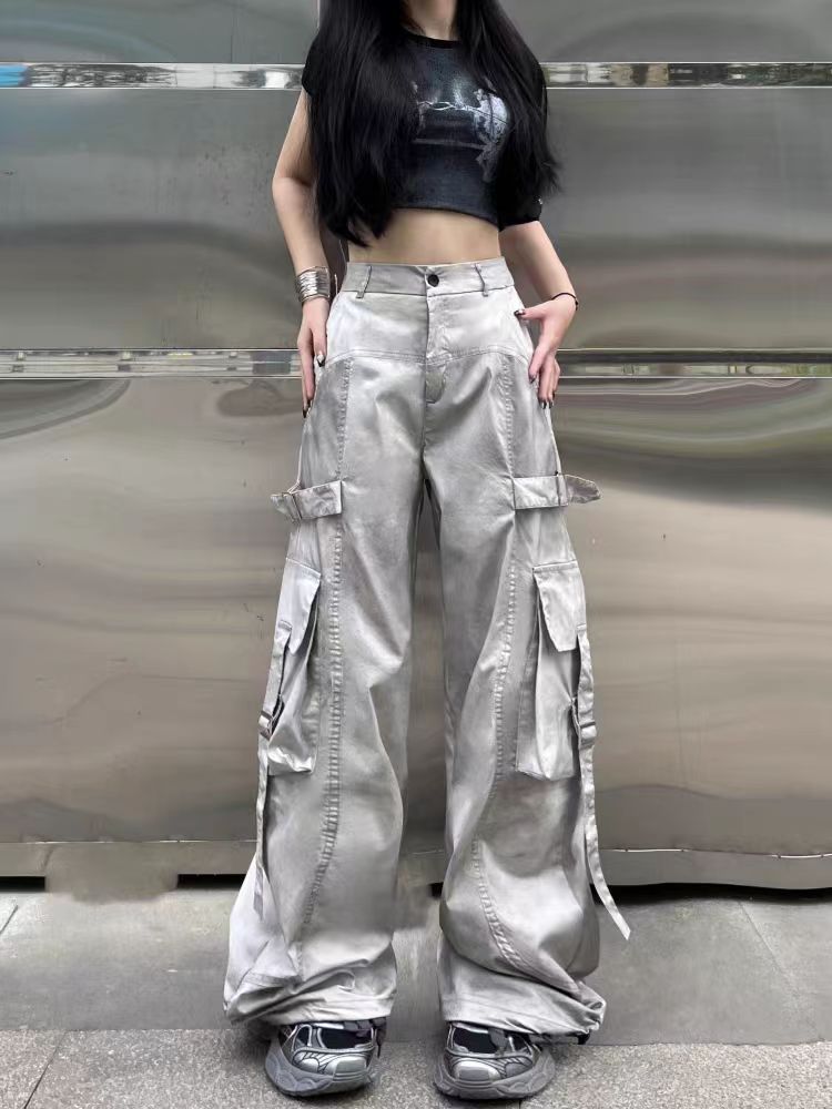 American Style Dirty Gray Wide-Leg Cargo Pants for Men and Women with Ribbon Jazz Hip-Hop High Street hiphop Straight-leg pants