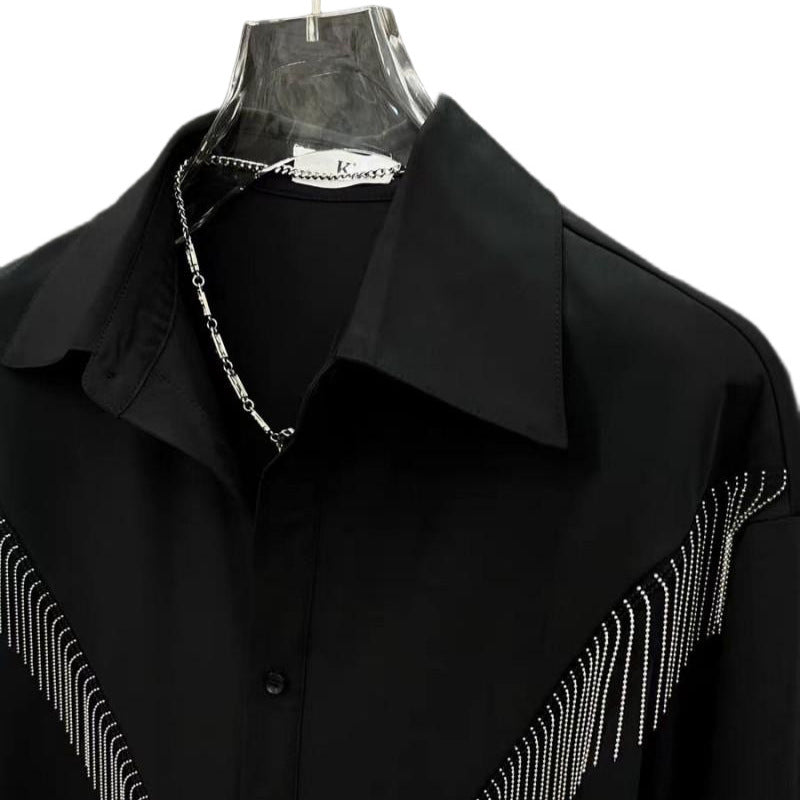 High-end Stylish Design Black Long Sleeve Shirt for Men Spring Summer New Korean Version Casual Patchwork Tassel Shirt