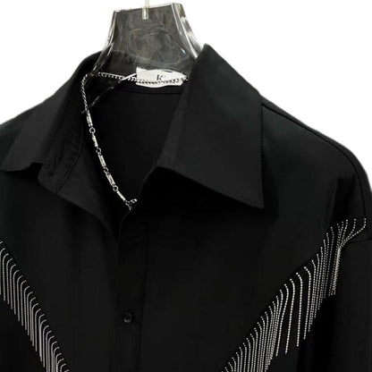 High-end Stylish Design Black Long Sleeve Shirt for Men Spring Summer New Korean Version Casual Patchwork Tassel Shirt