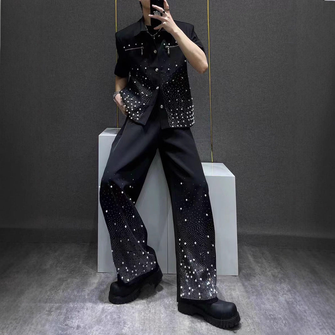 Heavy Industry Niche Rhinestone Metal Black Short Sleeve Jacket Summer New Style Cool Coat Wide Leg Pants Two-Piece Set