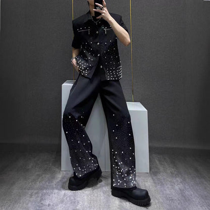 Heavy Industry Niche Rhinestone Metal Black Short Sleeve Jacket Summer New Style Cool Coat Wide Leg Pants Two-Piece Set