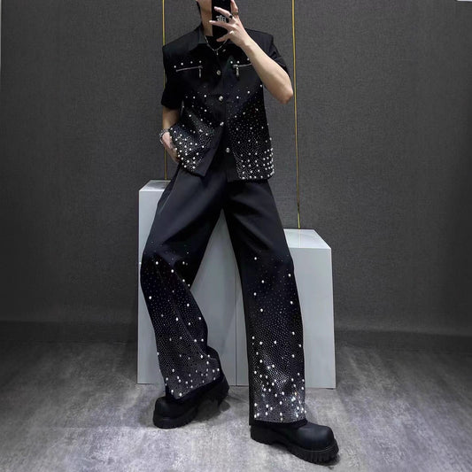 Heavy Industry Niche Rhinestone Metal Black Short Sleeve Jacket Summer New Style Cool Coat Wide Leg Pants Two-Piece Set
