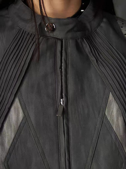 European and American High Street Heavy Craft Personality Deconstructed Split Spliced Design Motorcycle Leather Jacket Stand Collar Windproof Coat