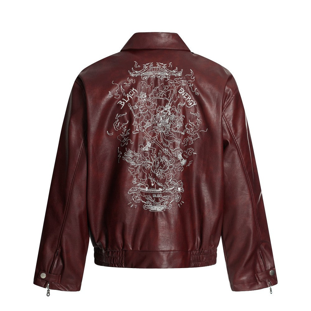 European and American Heavy Embroidery Lapel Loose Short Zipper Leather Jacket Coat