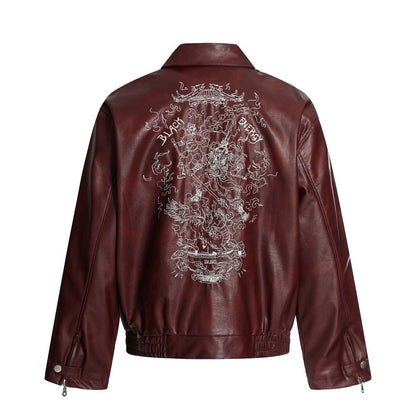 European and American Heavy Embroidery Lapel Loose Short Zipper Leather Jacket Coat