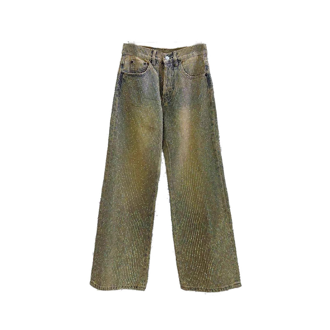 Summer New Crystal Shiny Diamond Straight-Leg Pants Extra Long Denim Floor-Length Pants Shiny Diamond Long Pants New High-Waisted Slimming Style