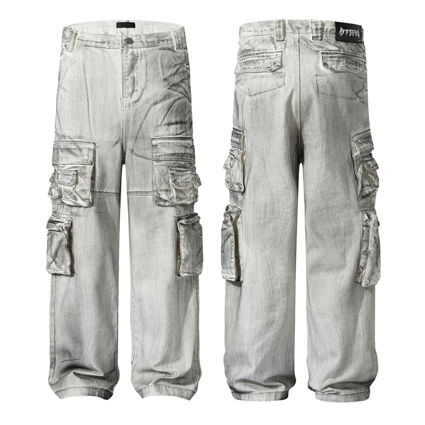 American Style Multi-Pocket Jeans for Men, Niche Retro Blue Wide-Leg Cargo Pants, Couple's European and American Trendy Pants, Cross-Border Trade