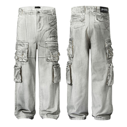 American Style Multi-Pocket Jeans for Men, Niche Retro Blue Wide-Leg Cargo Pants, Couple's European and American Trendy Pants, Cross-Border Trade