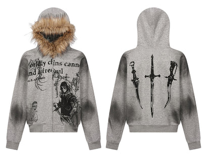 GUO WEAR  American Retro Hip-Hop Street Style Fur Collar Hooded Cardigan Sweatshirt for Men and Women, Autumn and Winter Trendy Brand