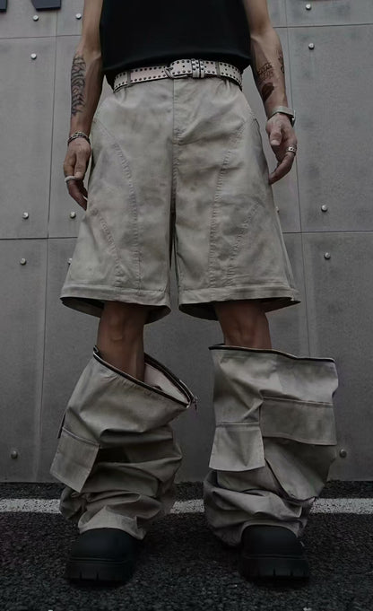 European and American Style Long Design Sense Wasteland Vintage Dirty Dyed Cargo Pants for Men and Women with Detachable Multi-Pocket Zipper Hip-Hop Street Dance