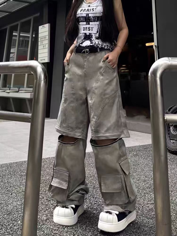 European and American Style Long Design Sense Wasteland Vintage Dirty Dyed Cargo Pants for Men and Women with Detachable Multi-Pocket Zipper Hip-Hop Street Dance