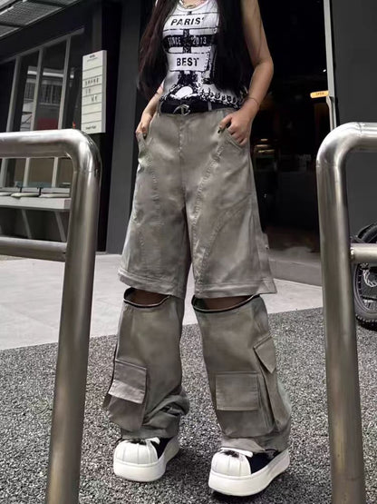 European and American Style Long Design Sense Wasteland Vintage Dirty Dyed Cargo Pants for Men and Women with Detachable Multi-Pocket Zipper Hip-Hop Street Dance