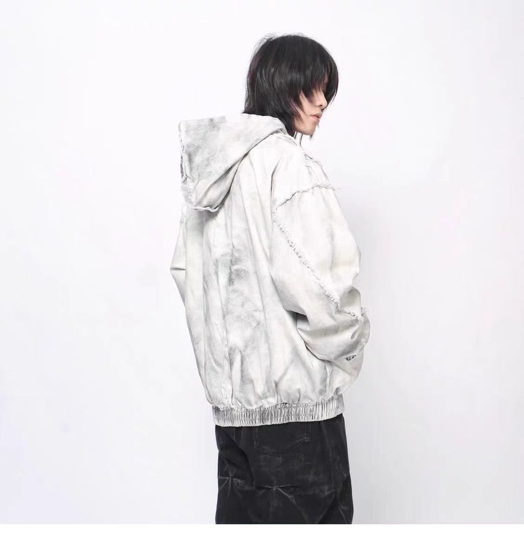 European and American High Street Wasteland Style Spray Paint Dirty Patchwork Hooded Jacket for Men Spring Frayed Edge Design Coat
