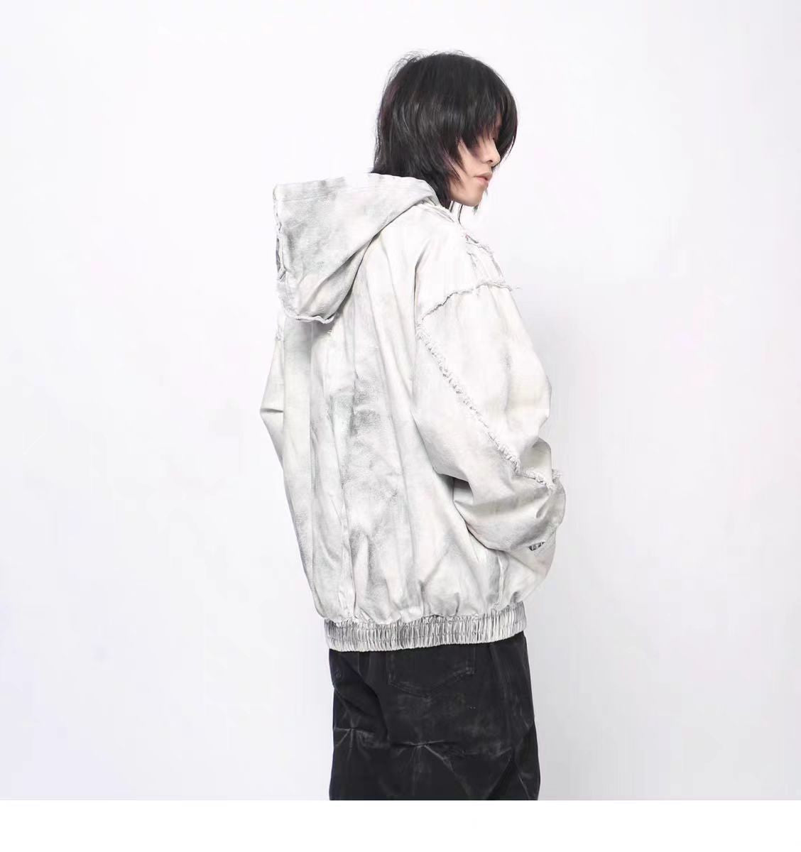 European and American High Street Wasteland Style Spray Paint Dirty Patchwork Hooded Jacket for Men Spring Frayed Edge Design Coat