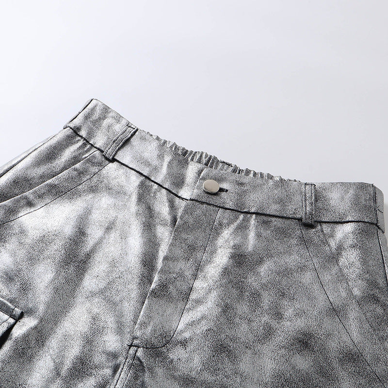 Personality Trend Retro silver Men's High Street Loose Metal Texture Straight Long Pants Workwear Durable Urban Fashion