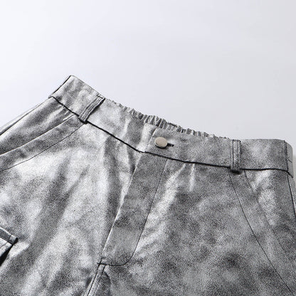 Personality Trend Retro silver Men's High Street Loose Metal Texture Straight Long Pants Workwear Durable Urban Fashion