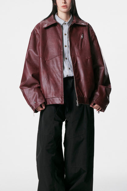 European and American Heavy Embroidery Lapel Loose Short Zipper Leather Jacket Coat